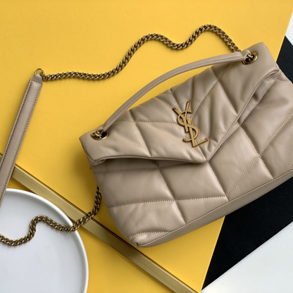 デニムとスムースレザーのパファーミディアムチェーンバッグ