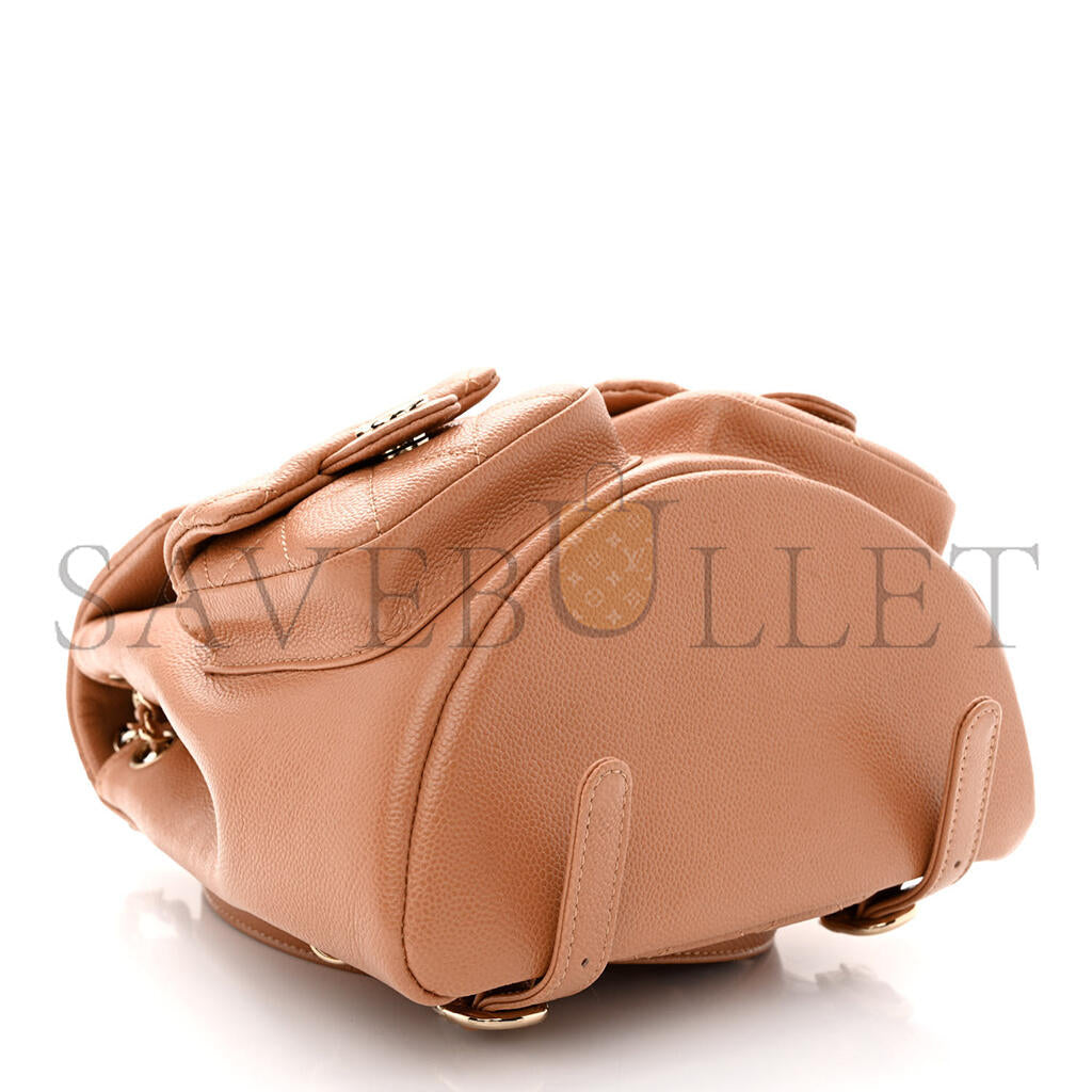 シャネル マスターシャイニーキャビア キルティング ドゥマポケット ドローストリング バックパック ダークベージュ (20.5×20×11.5cm)