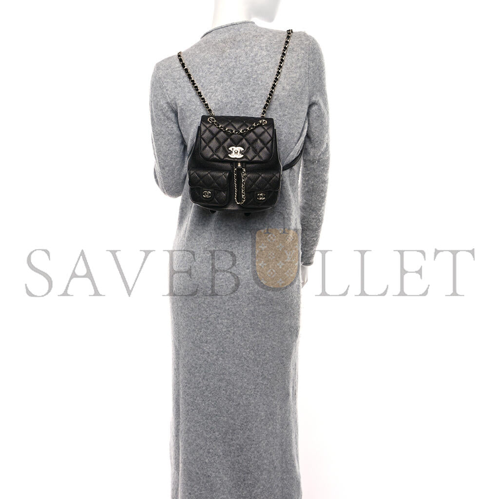 シャネル マスターシャイニーキャビア キルティング ミディアム ドゥマポケット ドローストリング バックパック ブラック (20.5×20×11.5cm)