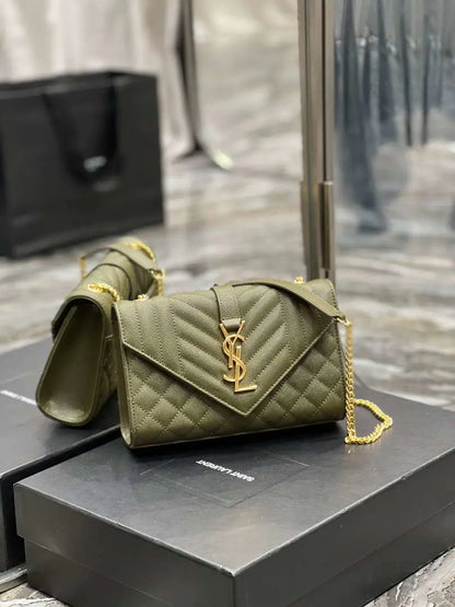 YSL 600195 エンベロープ スモール キルティング グレイン・ド・プードル エンボスレザー ダークグリーン