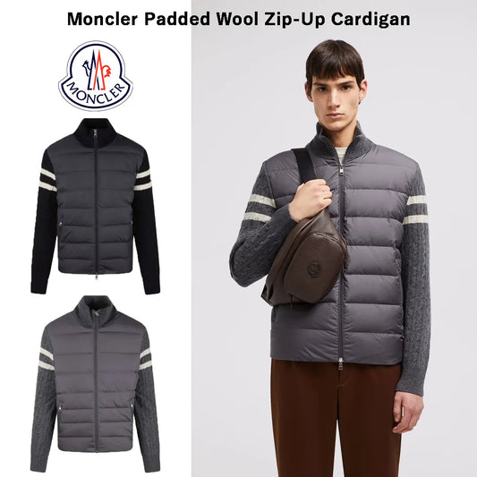 Moncler Padded Wool Zip-Up Cardigan Black/Dark Gray モンクレール パッド入りウール ジップアップ カーディガン ブラック/ダークグレー