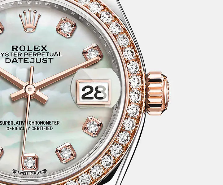レディ デイトジャスト オイスター 28 mm オイスタースチール＆エバーローズゴールド、ダイヤモンド
