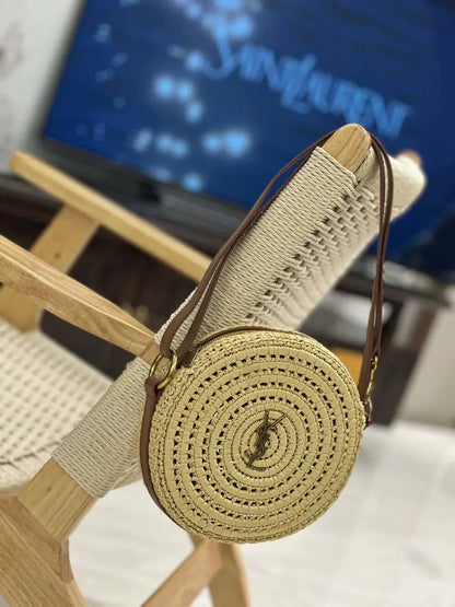 YSL 744292 サンローラン ラウンドバッグ（ラフィア＆ベジタブルタンニンレザー）