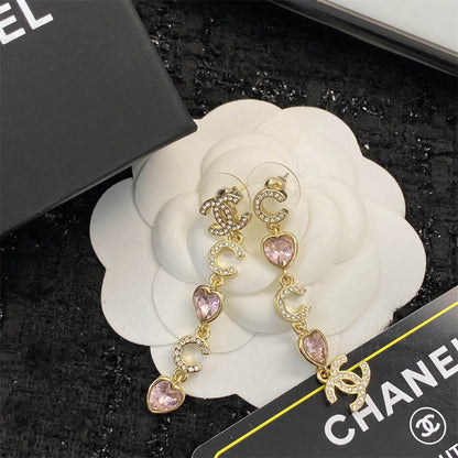シャネル ピンク ピーチ ハート タッセル ラインストーン イヤリング