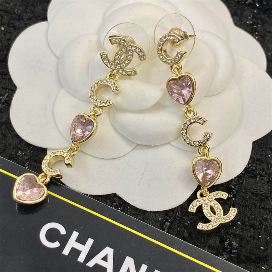 シャネル ピンク ピーチ ハート タッセル ラインストーン イヤリング
