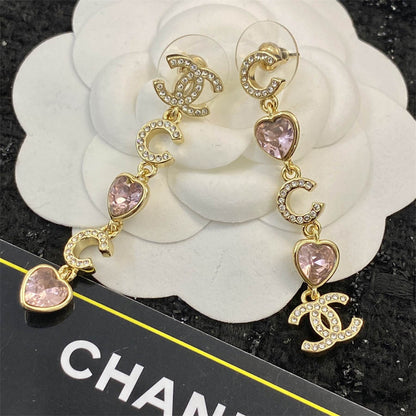 シャネル ピンク ピーチ ハート タッセル ラインストーン イヤリング