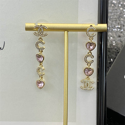 シャネル ピンク ピーチ ハート タッセル ラインストーン イヤリング