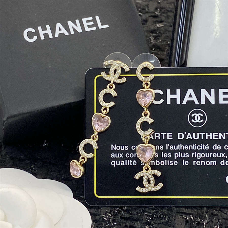 シャネル ピンク ピーチ ハート タッセル ラインストーン イヤリング