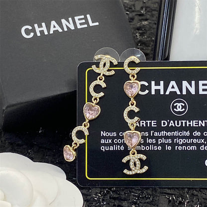 シャネル ピンク ピーチ ハート タッセル ラインストーン イヤリング