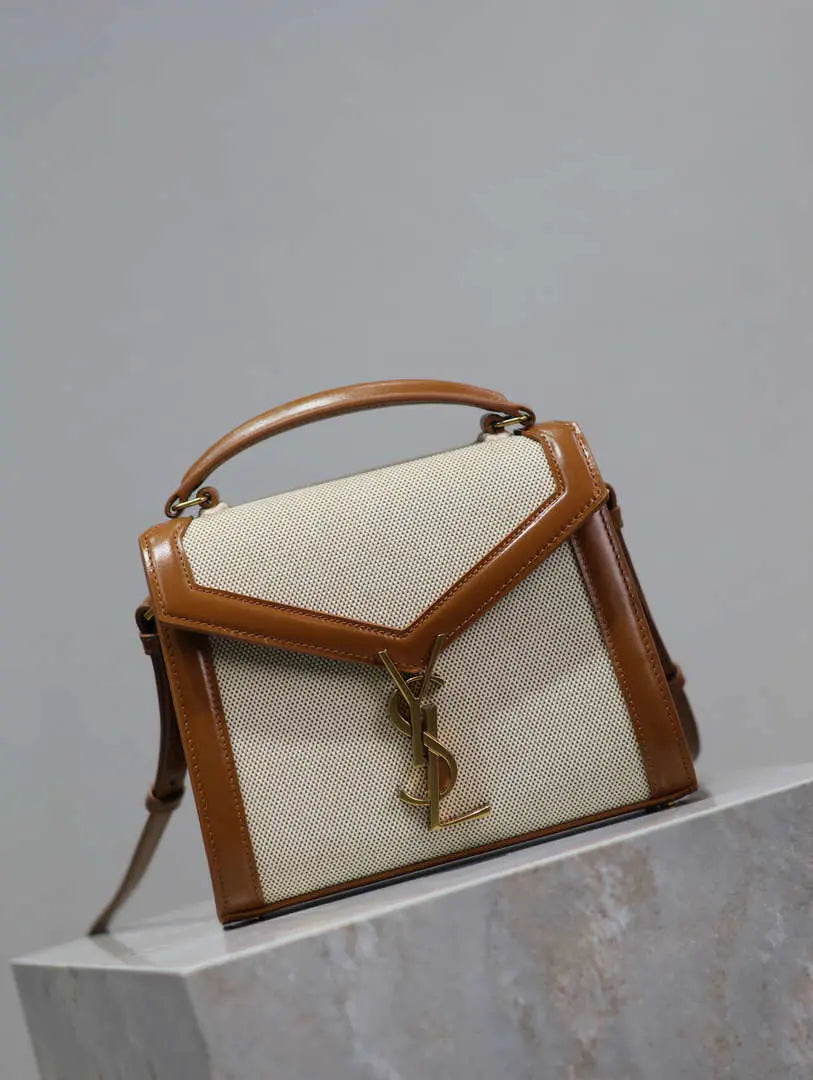 YSL 623930 カサンドラ ミニトップハンドル（箱入り）サンローラン リネン ブラウンレザー