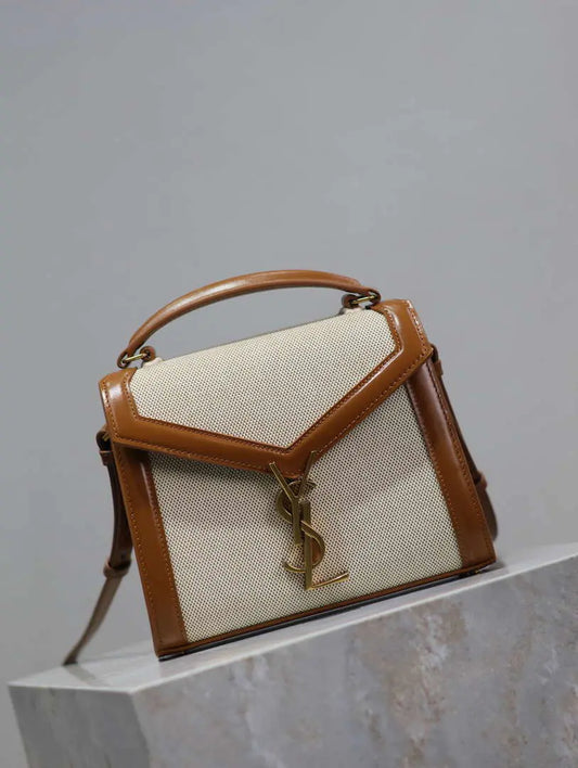 YSL 623930 カサンドラ ミニトップハンドル（箱入り）サンローラン リネン ブラウンレザー