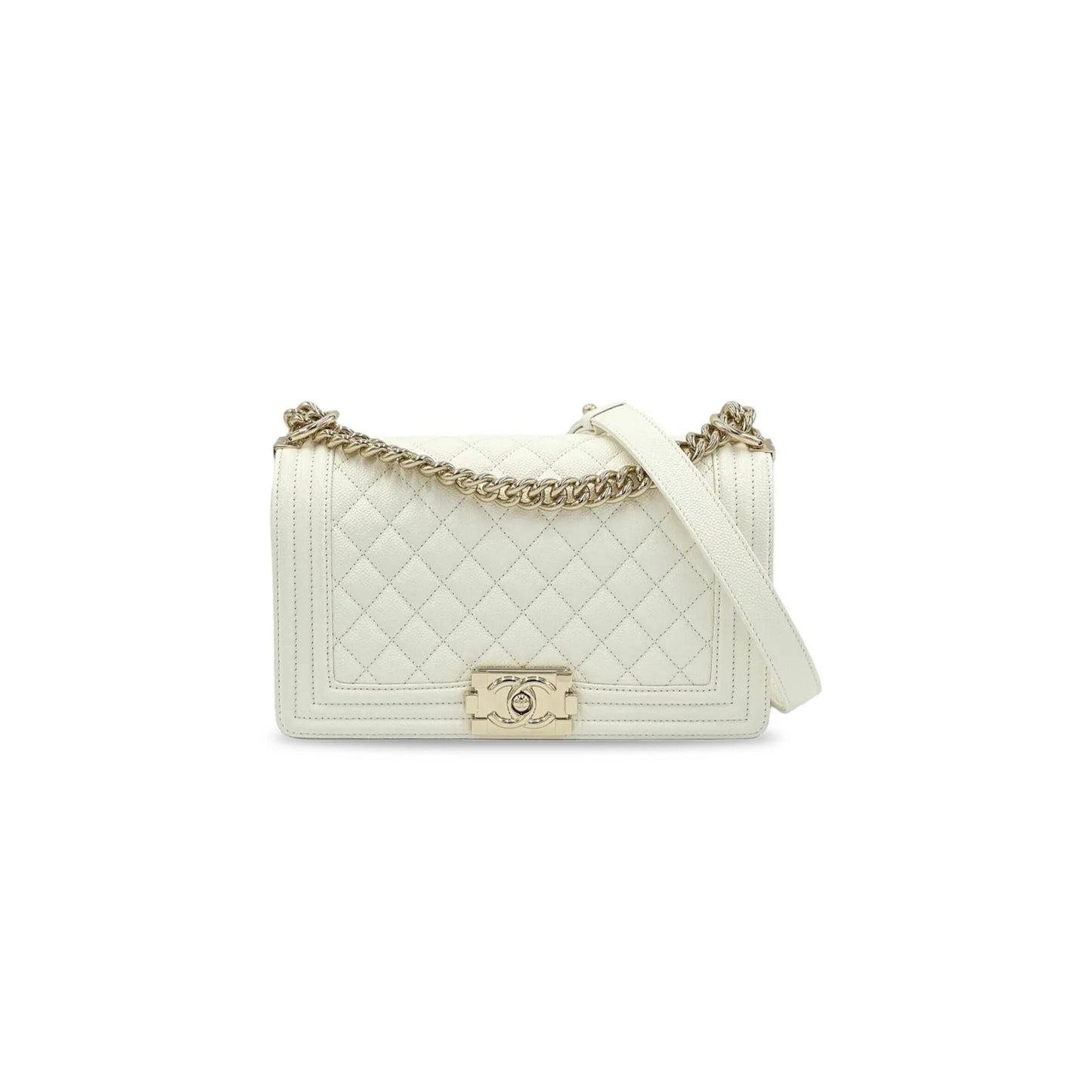 シャネル キャビア ミディアム キルティング ボーイ フラップ ホワイト A67086 (25*15*8cm)