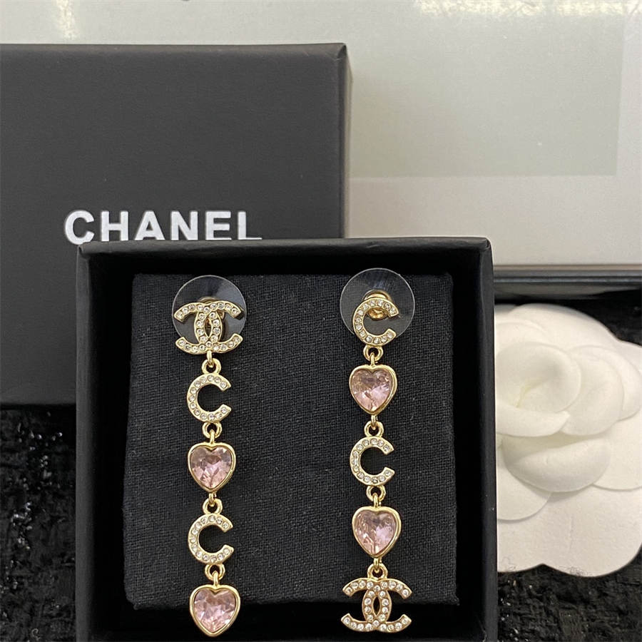 シャネル ピンク ピーチ ハート タッセル ラインストーン イヤリング