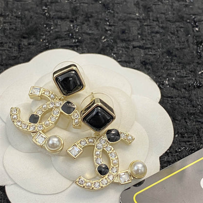 シャネル ダブルC パール ラインストーン オブシディアン ダングル イヤリング