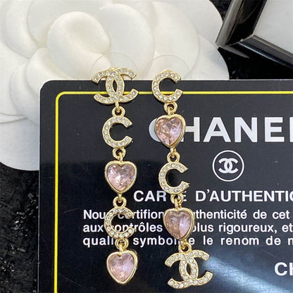 シャネル ピンク ピーチ ハート タッセル ラインストーン イヤリング