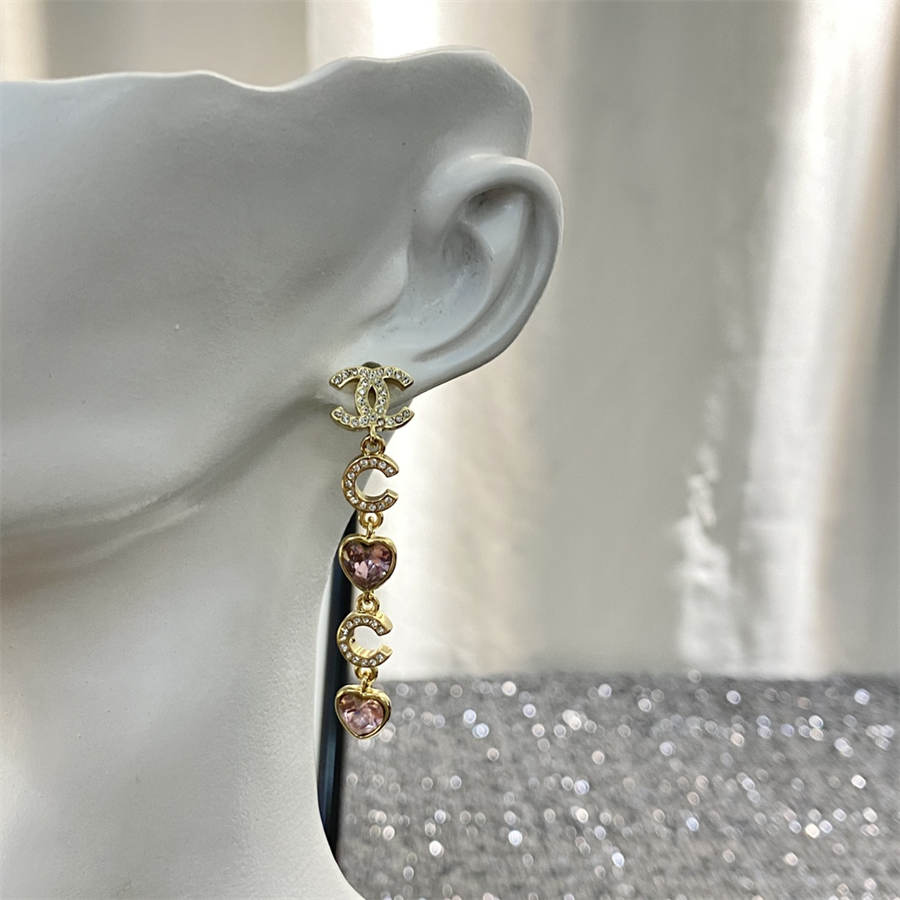 シャネル ピンク ピーチ ハート タッセル ラインストーン イヤリング