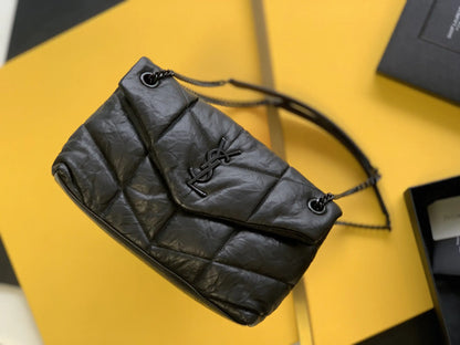 デニムとスムースレザーのパファーミディアムチェーンバッグ