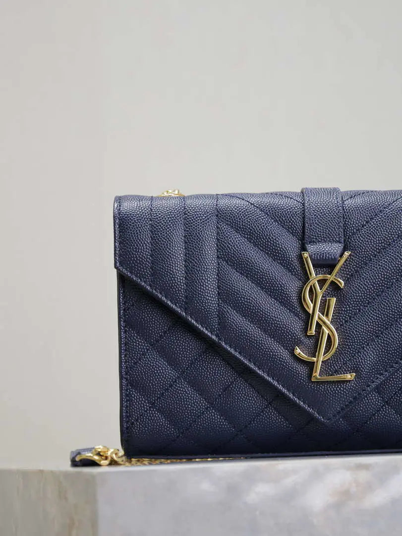 YSL 600195 エンベロープ スモール キルティング グレイン・ド・プードル エンボスレザー ネイビーブルー