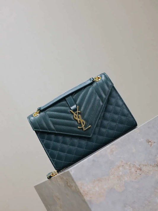 YSL 600185 エンベロープ ミディアム キルティング グレイン・ド・プードル エンボスレザー ターコイズ