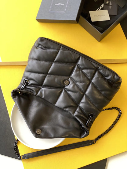 デニムとスムースレザーのパファーミディアムチェーンバッグ