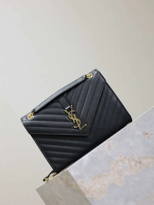 YSL 600185 エンベロープ ミディアム キルティング グレイン・ド・プードル エンボスレザー Vガード ブラック