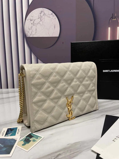 YSL 629246 サンローラン ベッキー チェーンショルダーバッグ 25cm レザー ベージュ シルバー