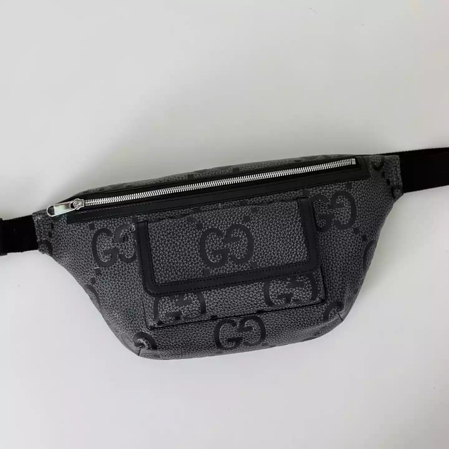 GGジャンボ ラージ ベルトバッグ（グレー＆ブラック GGレザー） – BG078