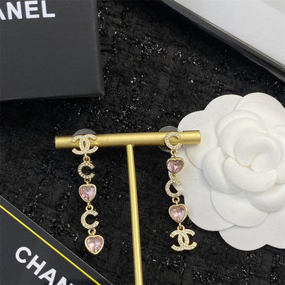 シャネル ピンク ピーチ ハート タッセル ラインストーン イヤリング